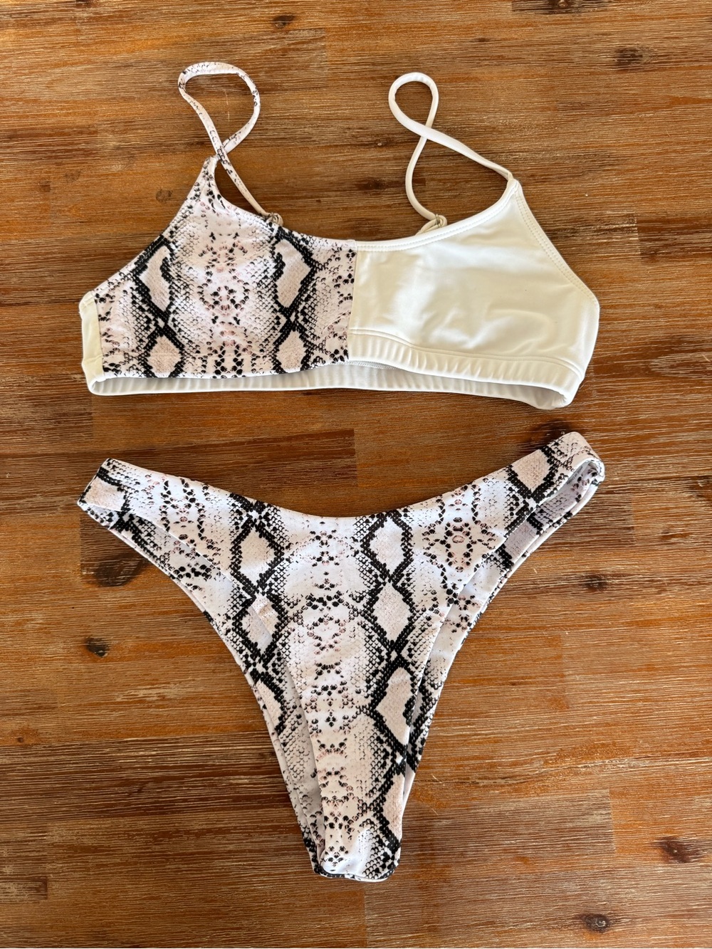 White & Snake-Print Asymmetrical Bikini Set
